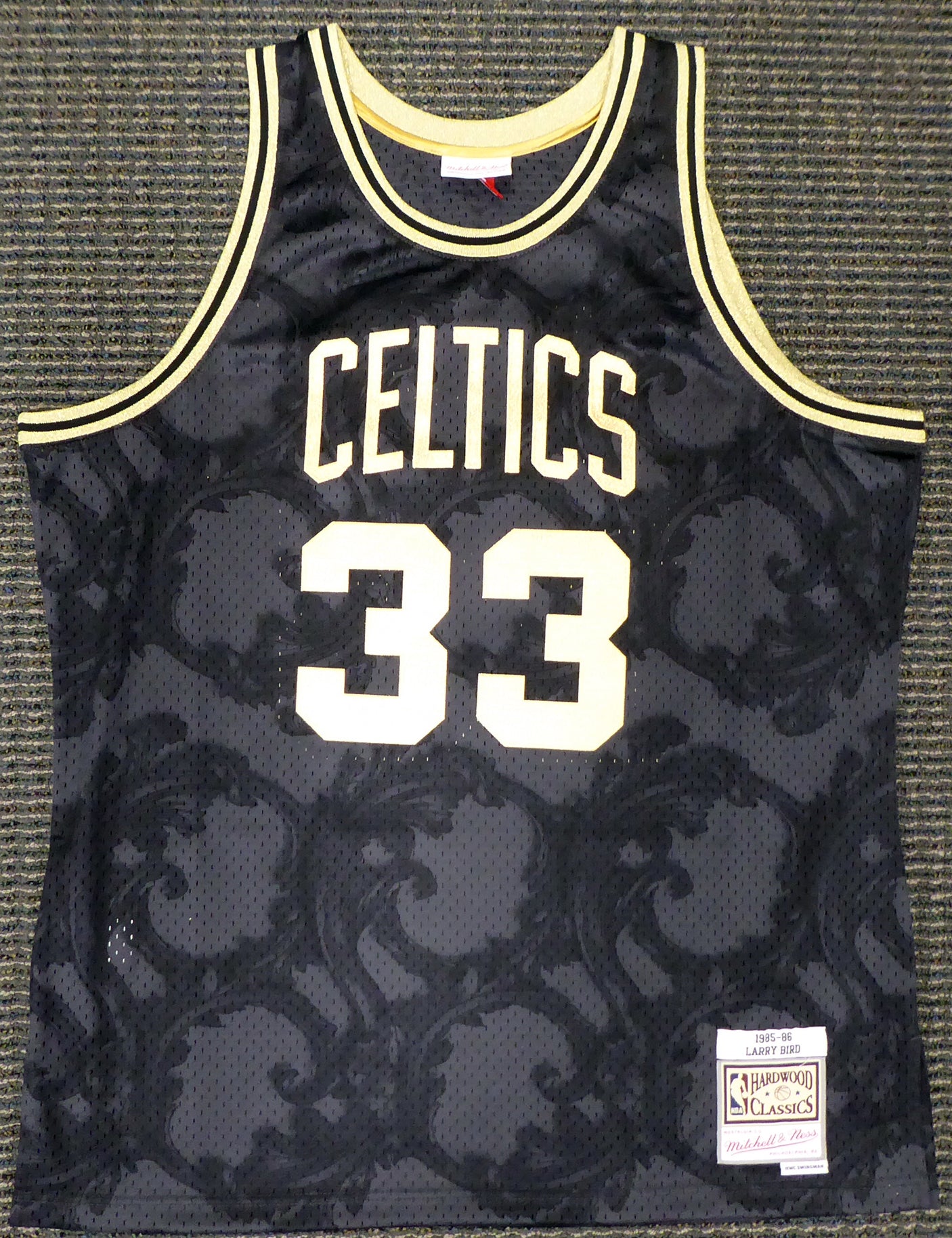 Boston Celtics Larry Bird Autographed Black Mitchell & Ness Gold Toile Swingman Jersey Size XL Beckett BAS Stock #177716