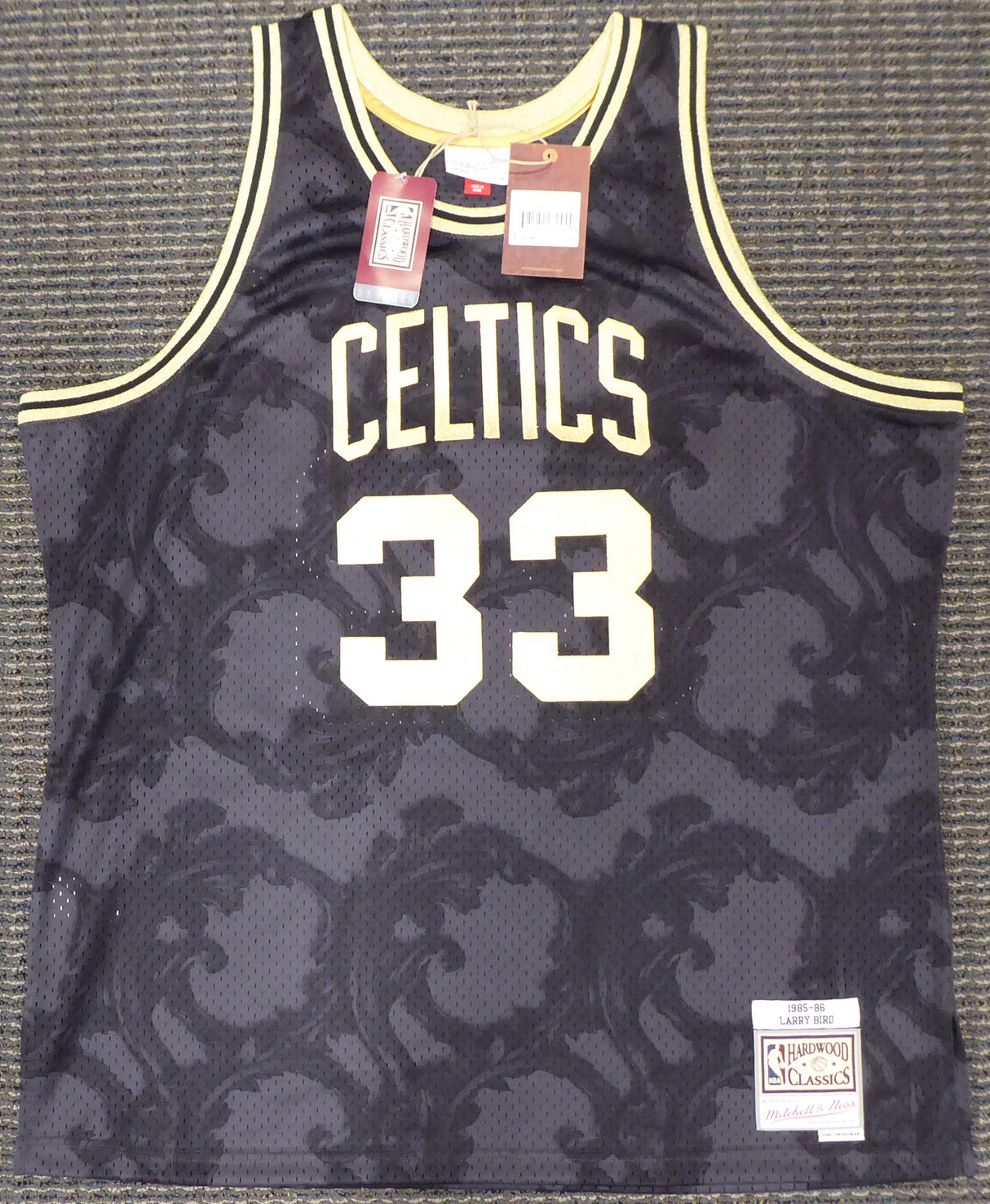 Boston Celtics Larry Bird Autographed Black Mitchell & Ness Gold Toile Swingman Jersey Size XXL Beckett BAS Stock #177717