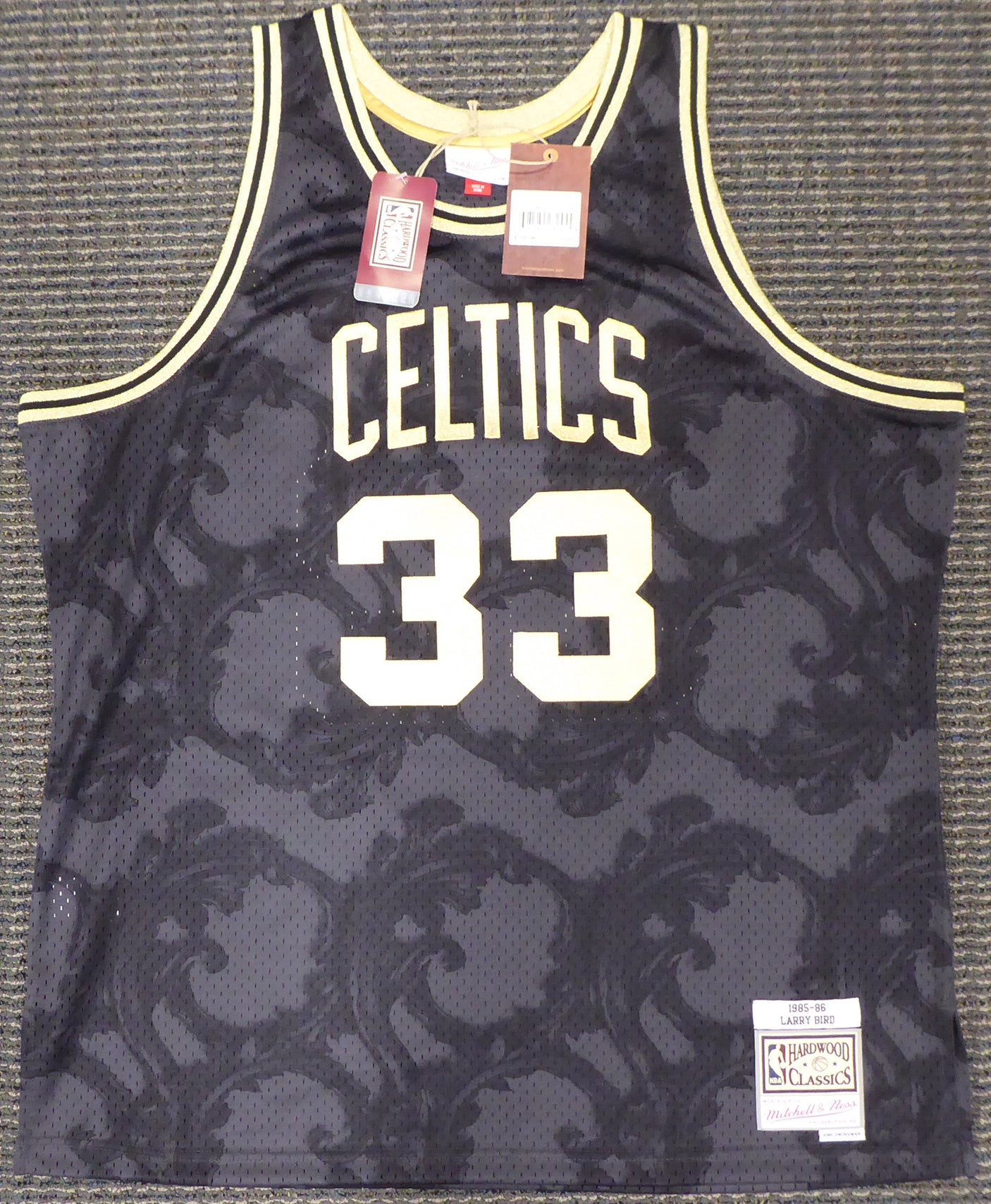 Boston Celtics Larry Bird Autographed Black Mitchell & Ness Gold Toile Swingman Jersey Size XXL Beckett BAS Stock #177717