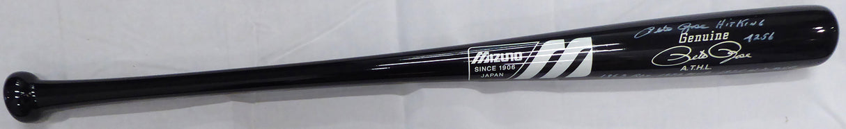 Pete Rose Autographed Black Mizuno Game Model Bat Cincinnati Reds Stat Game Model Bat "Hit King & 4256" In White PR Holo Stock #178273