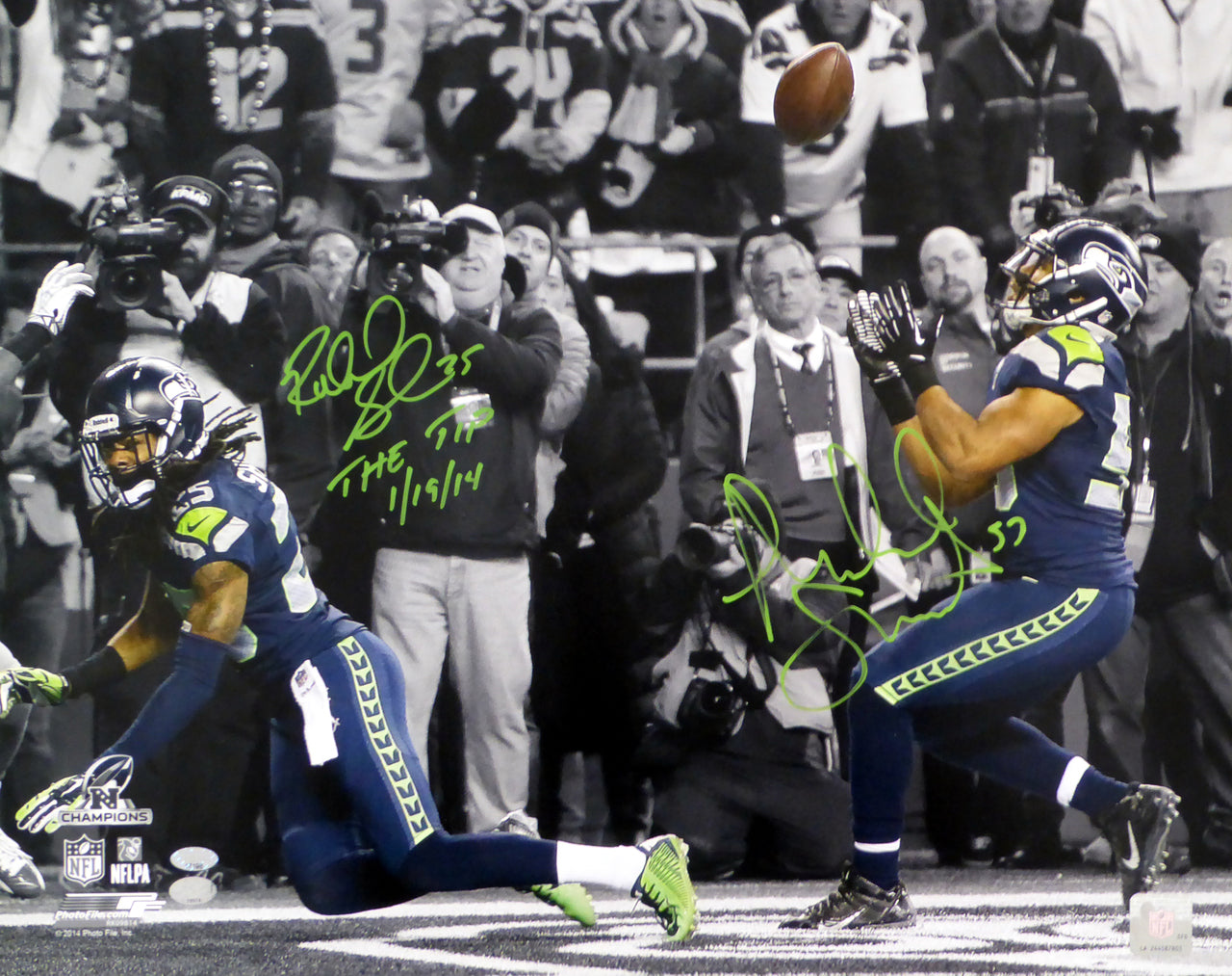 Richard Sherman & Malcolm Smith Autographed 16x20 Photo Seattle Seahawks "The Tip 1/19/14" RS Holo & MCS Holo Stock #85973