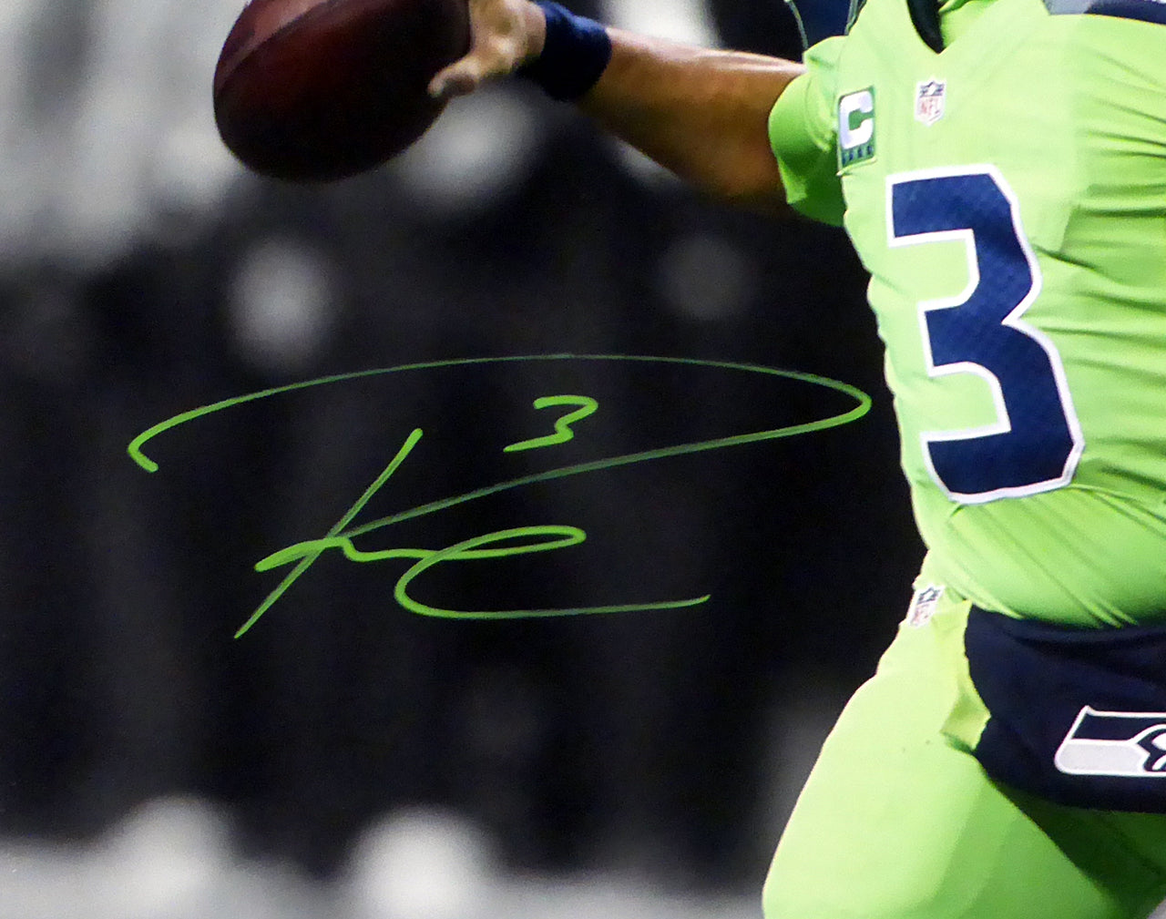 Russell Wilson Autographed 16x20 Photo Seattle Seahawks Action Green Color Rush RW Holo Stock #123810