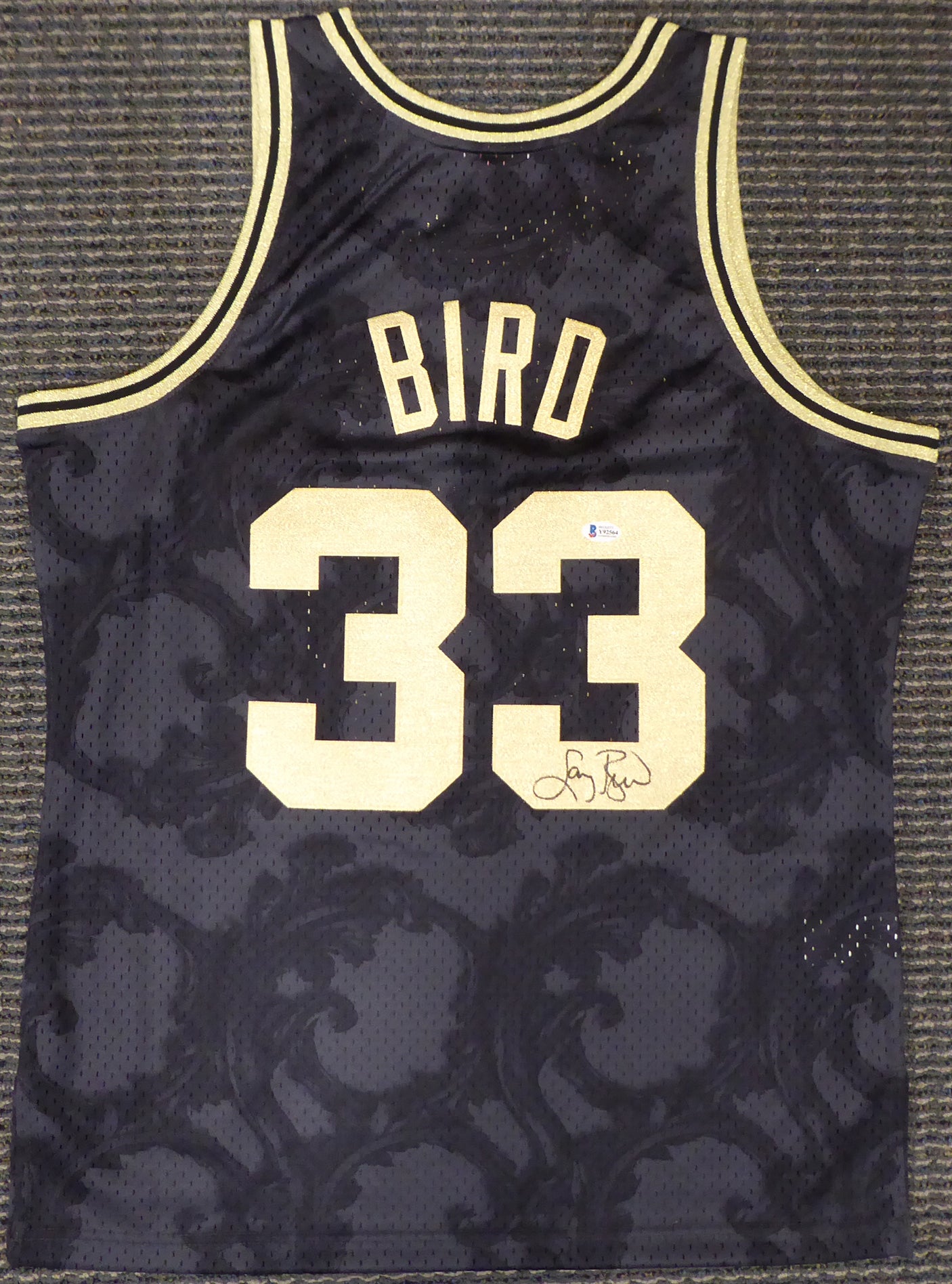 Boston Celtics Larry Bird Autographed Black Mitchell & Ness Gold Toile Swingman Jersey Size L Beckett BAS #Y92564
