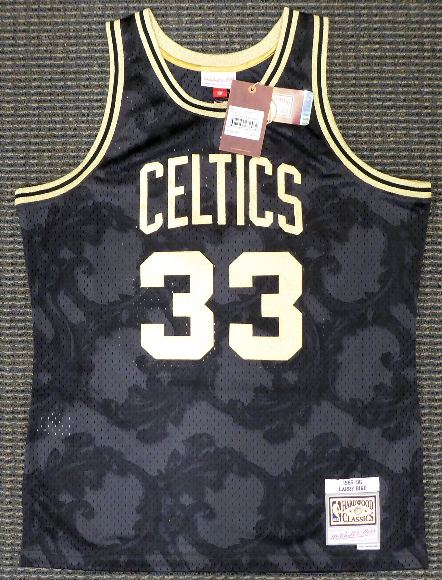 Boston Celtics Larry Bird Autographed Black Mitchell & Ness Gold Toile Swingman Jersey Size L Beckett BAS #Y92564