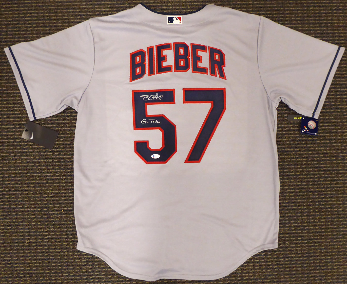Cleveland Indians Shane Bieber Autographed Gray Nike Jersey Size L "Go Tribe" Beckett BAS Stock #187726