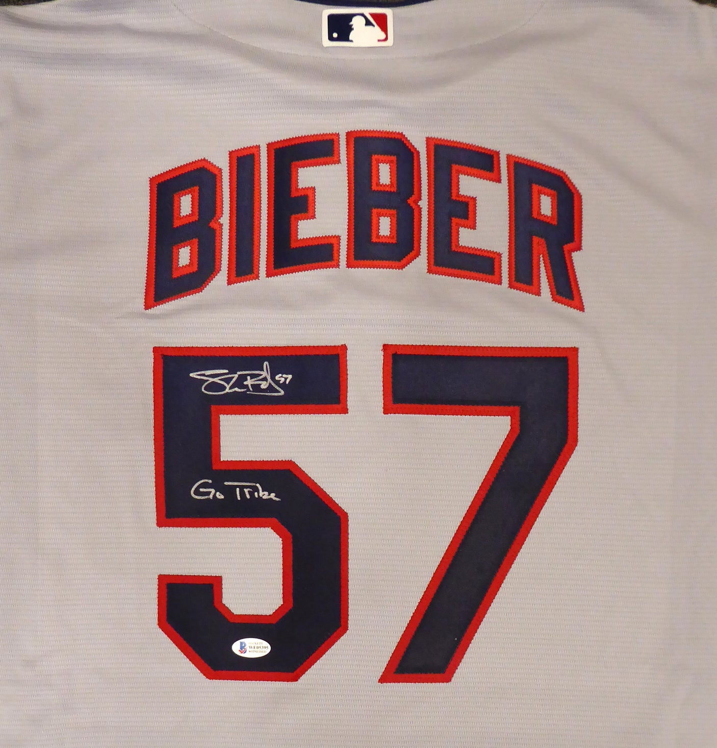 Cleveland Indians Shane Bieber Autographed Gray Nike Jersey Size L "Go Tribe" Beckett BAS Stock #187726