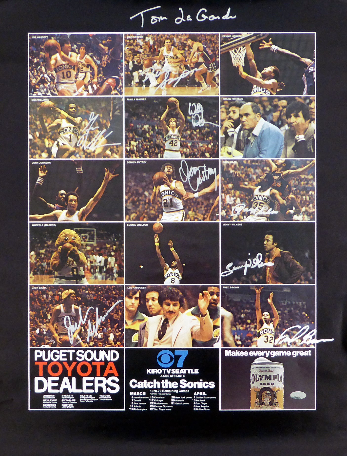 1978-79 NBA Champions Seattle Supersonics Autographed 17x22 Poster Photo With 9 Total Signatures Including Fred Brown & Lenny Wilkens MCS Holo #51052