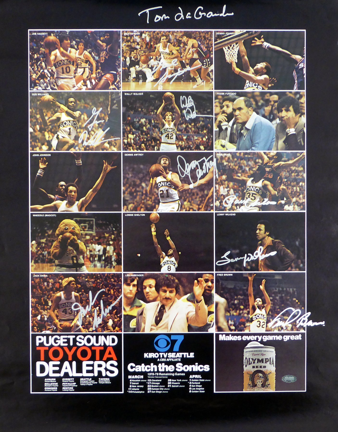 1978-79 NBA Champions Seattle Supersonics Autographed 17x22 Poster Photo With 9 Total Signatures Including Fred Brown & Lenny Wilkens MCS Holo #51051