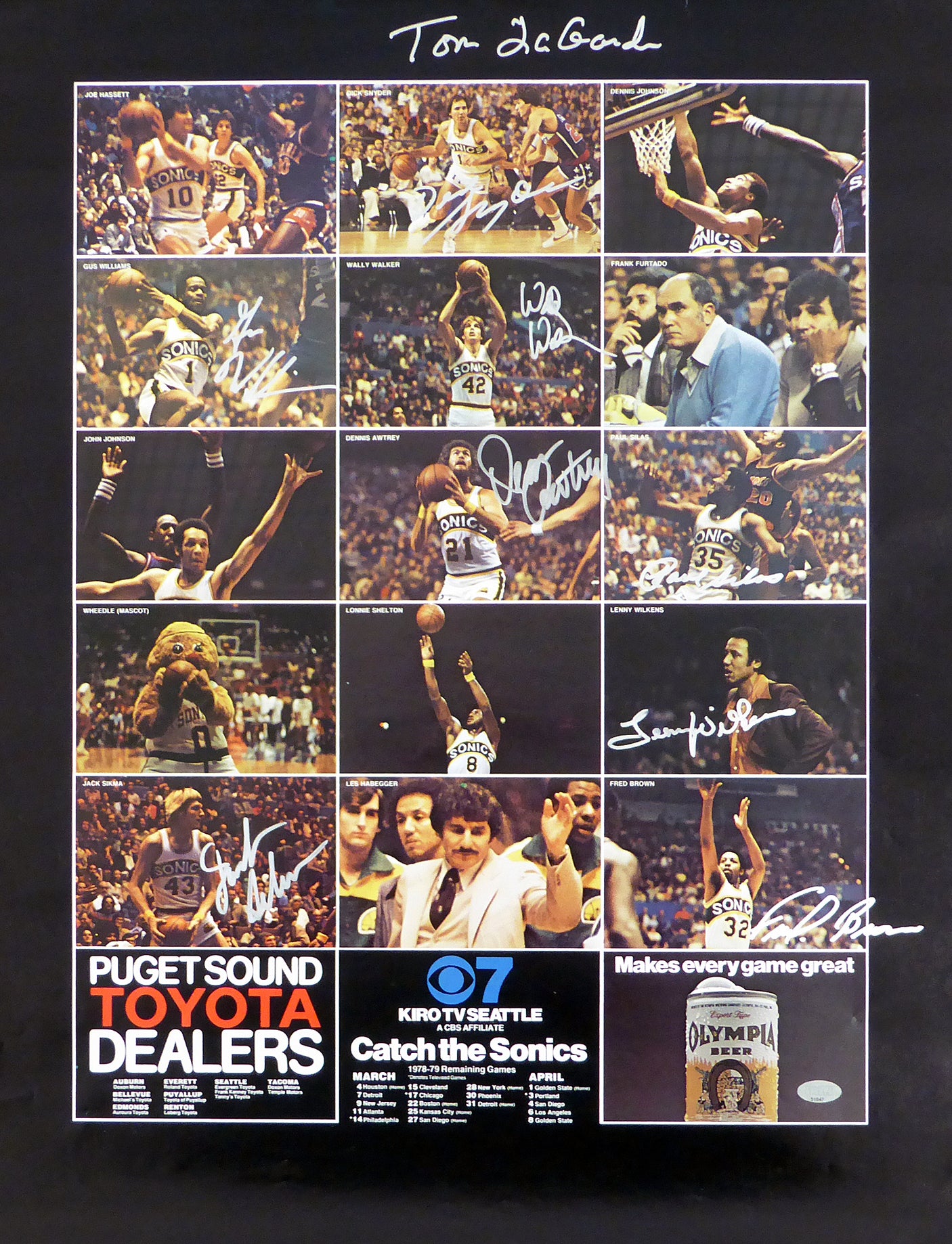 1978-79 NBA Champions Seattle Supersonics Autographed 17x22 Poster Photo With 9 Total Signatures Including Fred Brown & Lenny Wilkens MCS Holo #51047