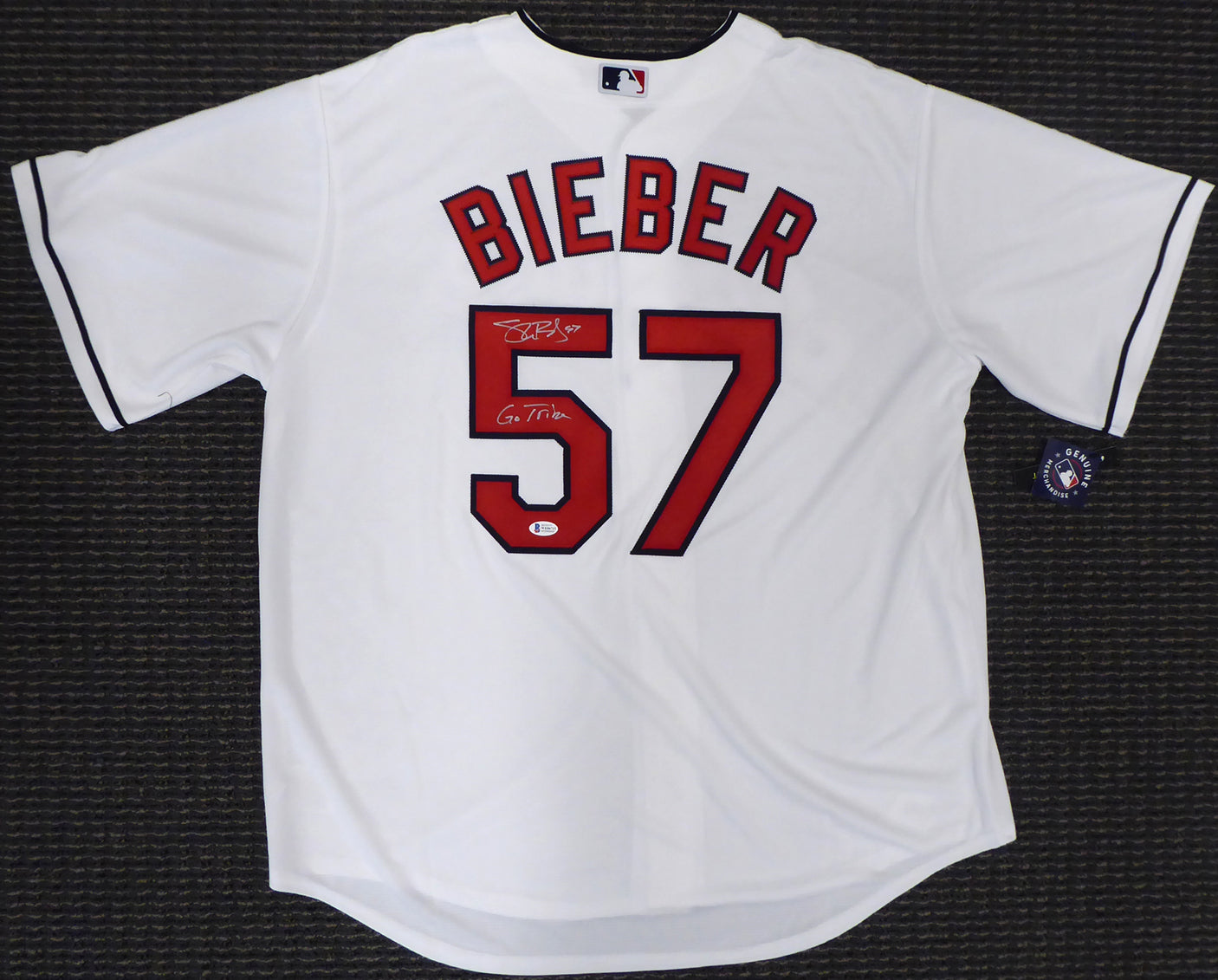 Cleveland Indians Shane Bieber Autographed White Nike Jersey Size XL "Go Tribe" Beckett BAS Stock #190030
