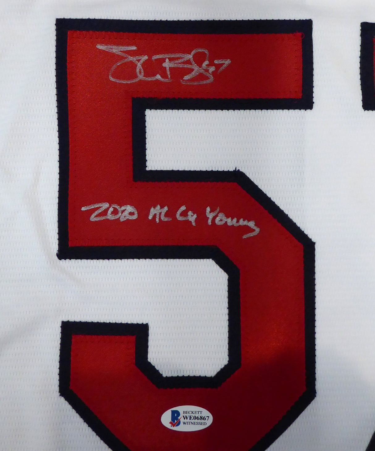 Cleveland Indians Shane Bieber Autographed White Majestic Jersey Size XL "2020 AL Cy Young" Beckett BAS Stock #190032