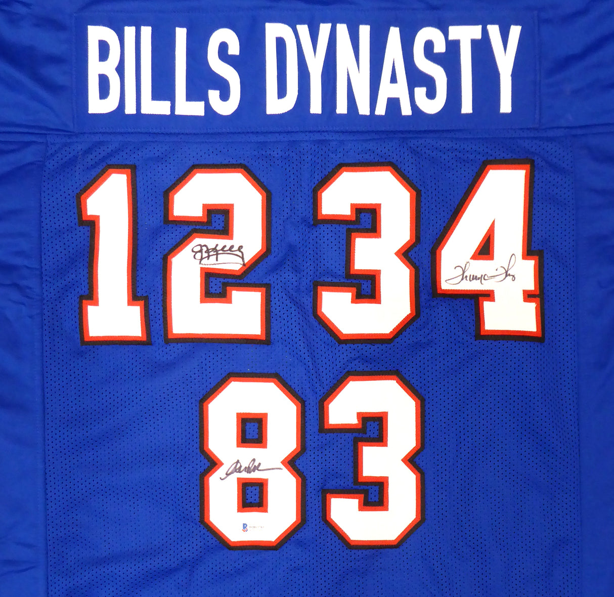 Buffalo Bills Team Greats Autographed Blue Jersey With 3 Signatures Including Jim Kelly, Thurman Thomas & Andre Reed Beckett BAS Stock #191972