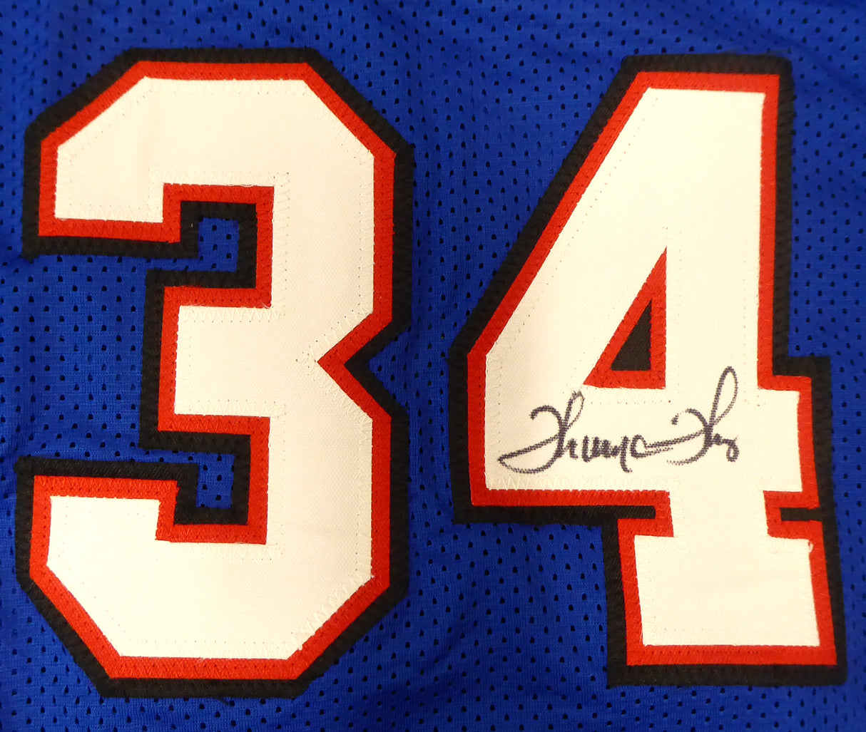 Buffalo Bills Team Greats Autographed Blue Jersey With 3 Signatures Including Jim Kelly, Thurman Thomas & Andre Reed Beckett BAS Stock #191972