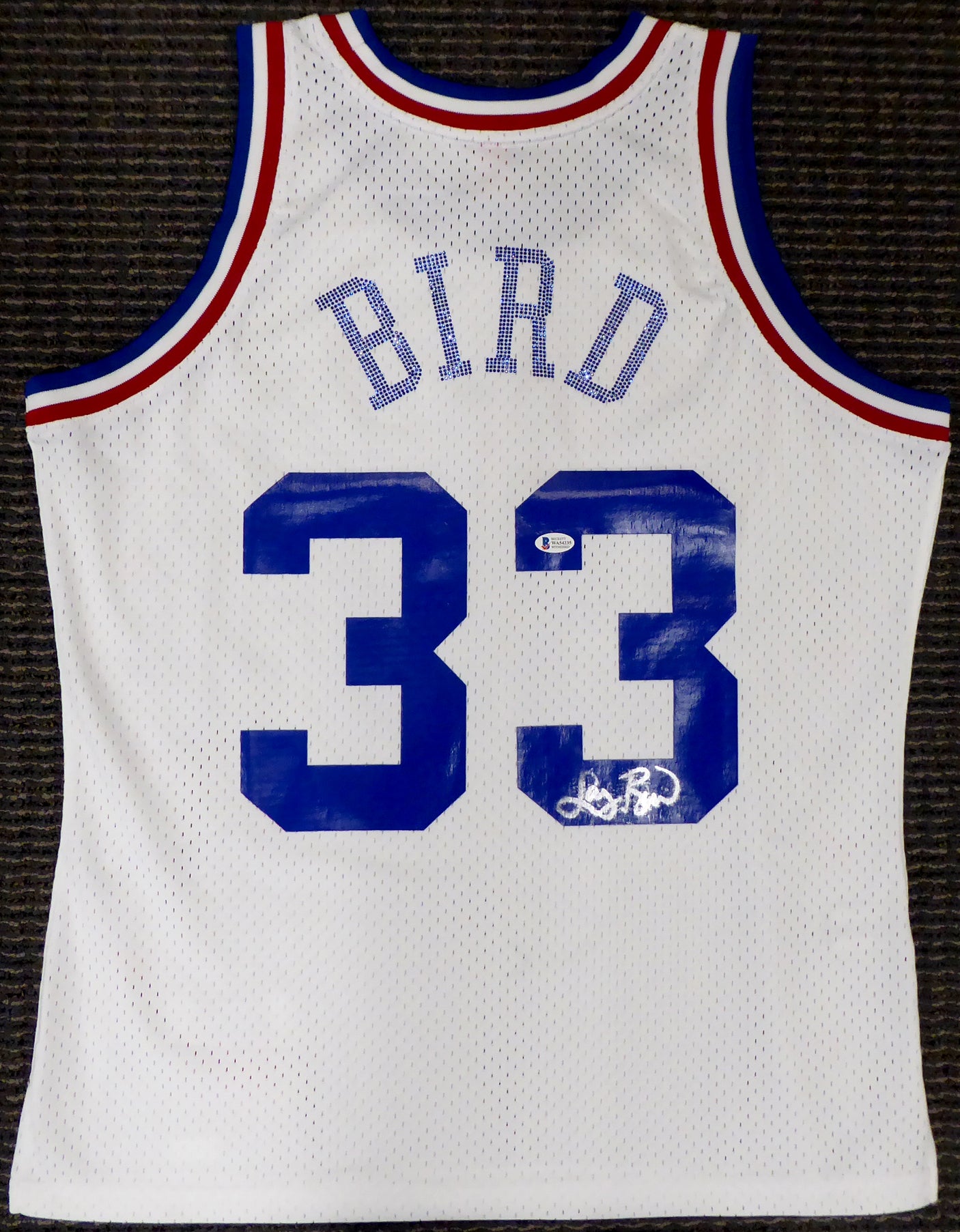 Boston Celtics Larry Bird Autographed White Mitchell & Ness 1988 All Star Game Rhinestone Swingman Jersey Size L (Smudged) Beckett BAS #WA54235