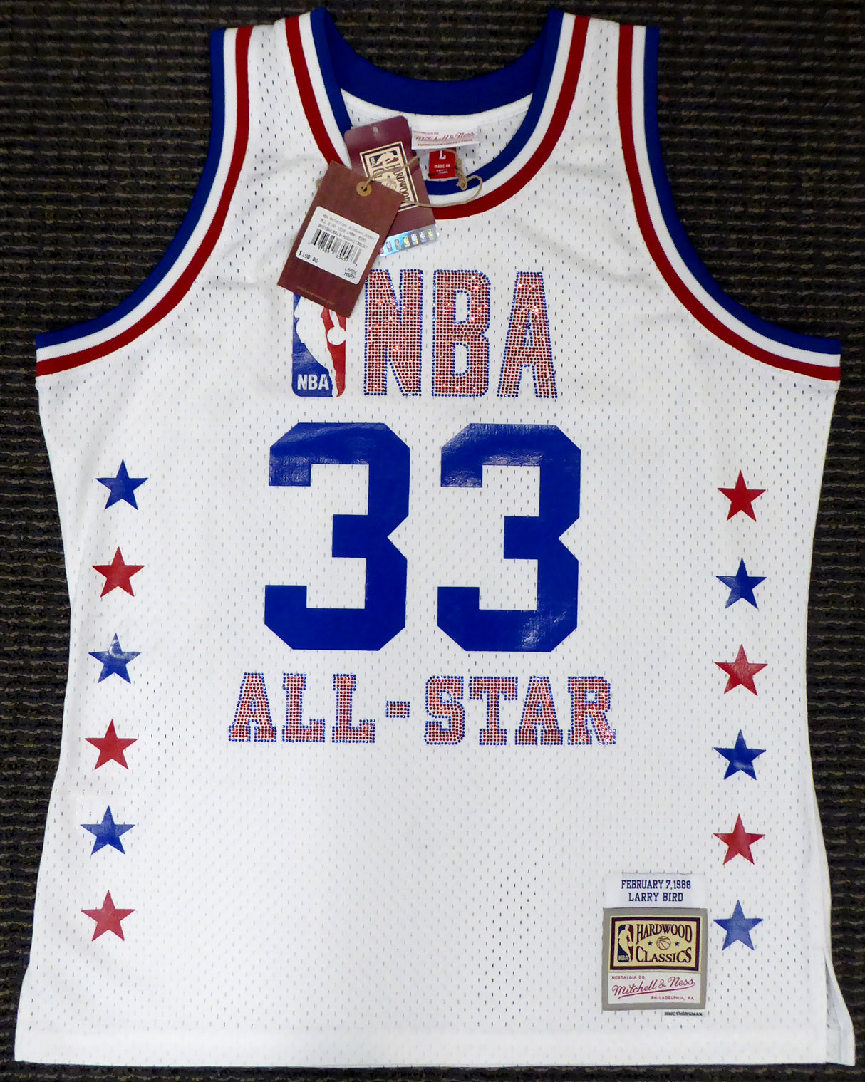 Boston Celtics Larry Bird Autographed White Mitchell & Ness 1988 All Star Game Rhinestone Swingman Jersey Size L (Smudged) Beckett BAS #WA54235