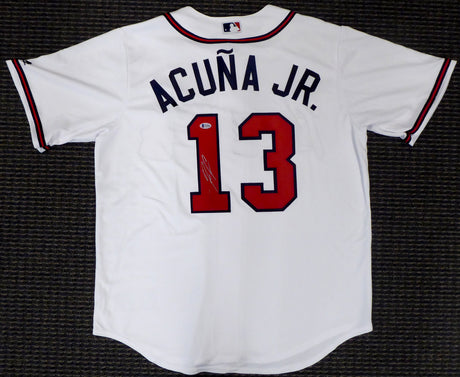 Atlanta Braves Ronald Acuna Jr. Autographed White Majestic Cool Base Jersey Size L (Mark) Beckett BAS #Y10984