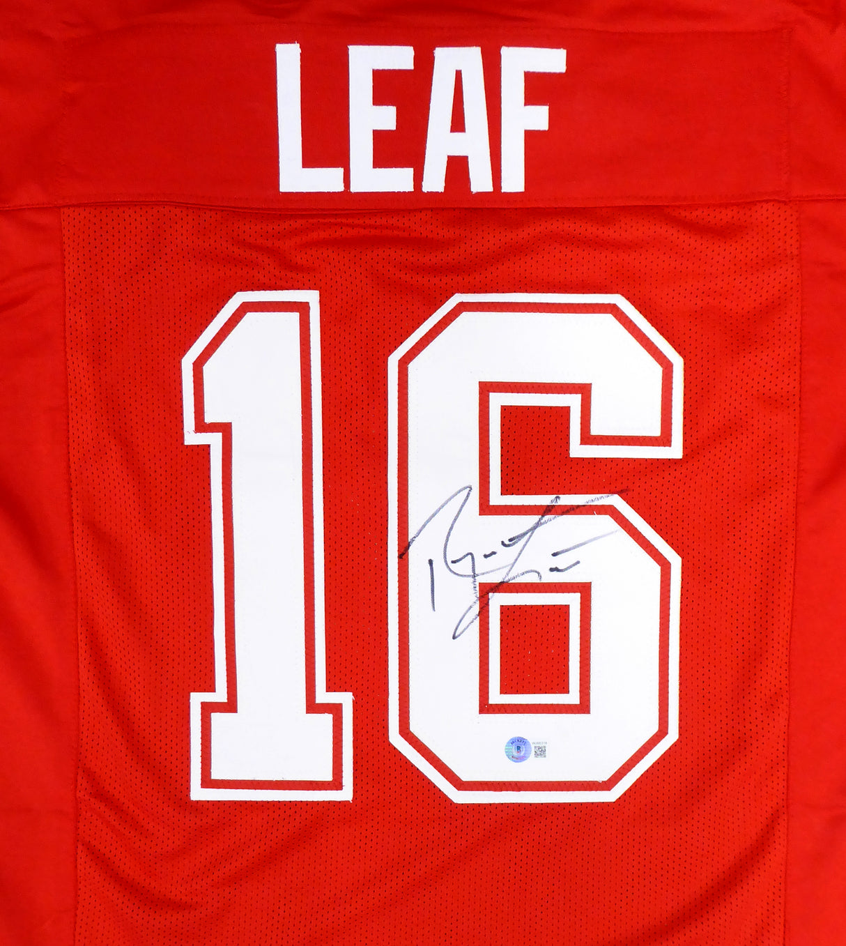Washington State Cougars Ryan Leaf Autographed Red Jersey Beckett BAS QR Stock #193979