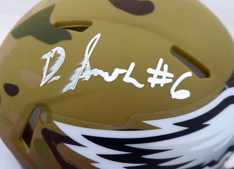 DeVonta Smith Autographed Philadelphia Eagles Camo Speed Mini Helmet (Smudged) Beckett BAS QR #WL17240