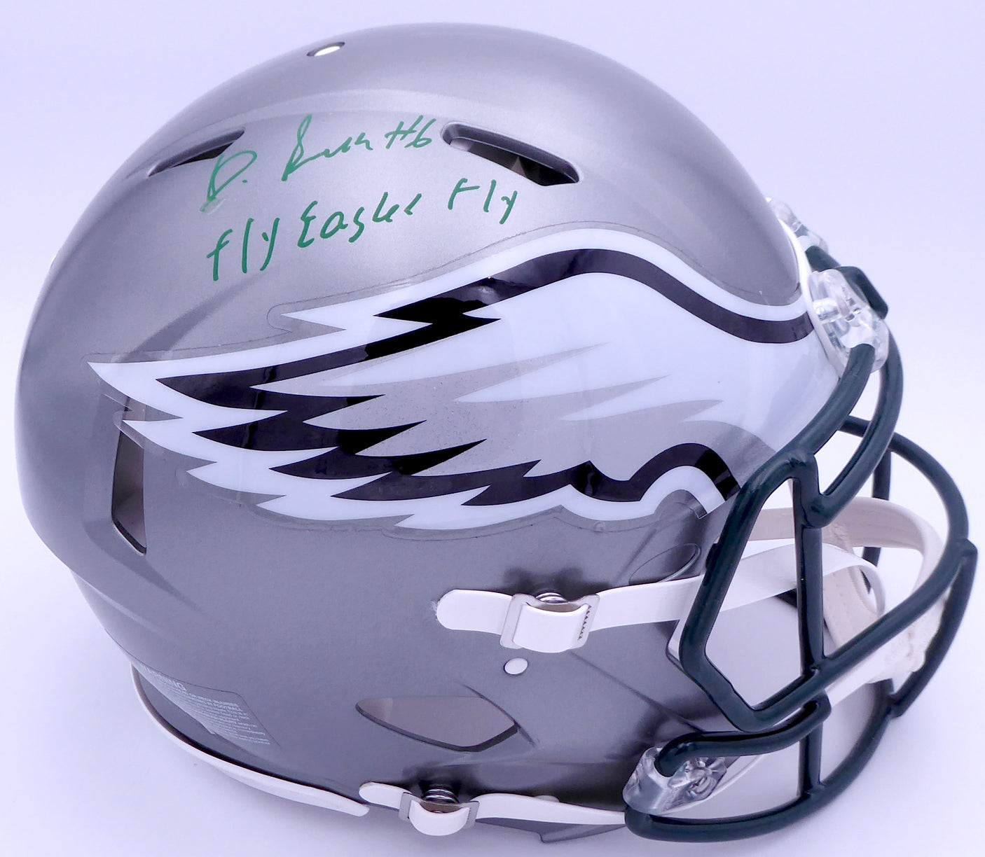 DeVonta Smith Autographed Philadelphia Eagles Flash Silver Full Size Authentic Speed Helmet "Fly, Eagles, Fly" (Smudged) Beckett BAS QR #WN30088