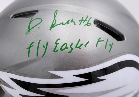 DeVonta Smith Autographed Philadelphia Eagles Flash Silver Full Size Authentic Speed Helmet "Fly, Eagles, Fly" (Smudged) Beckett BAS QR #WN30088