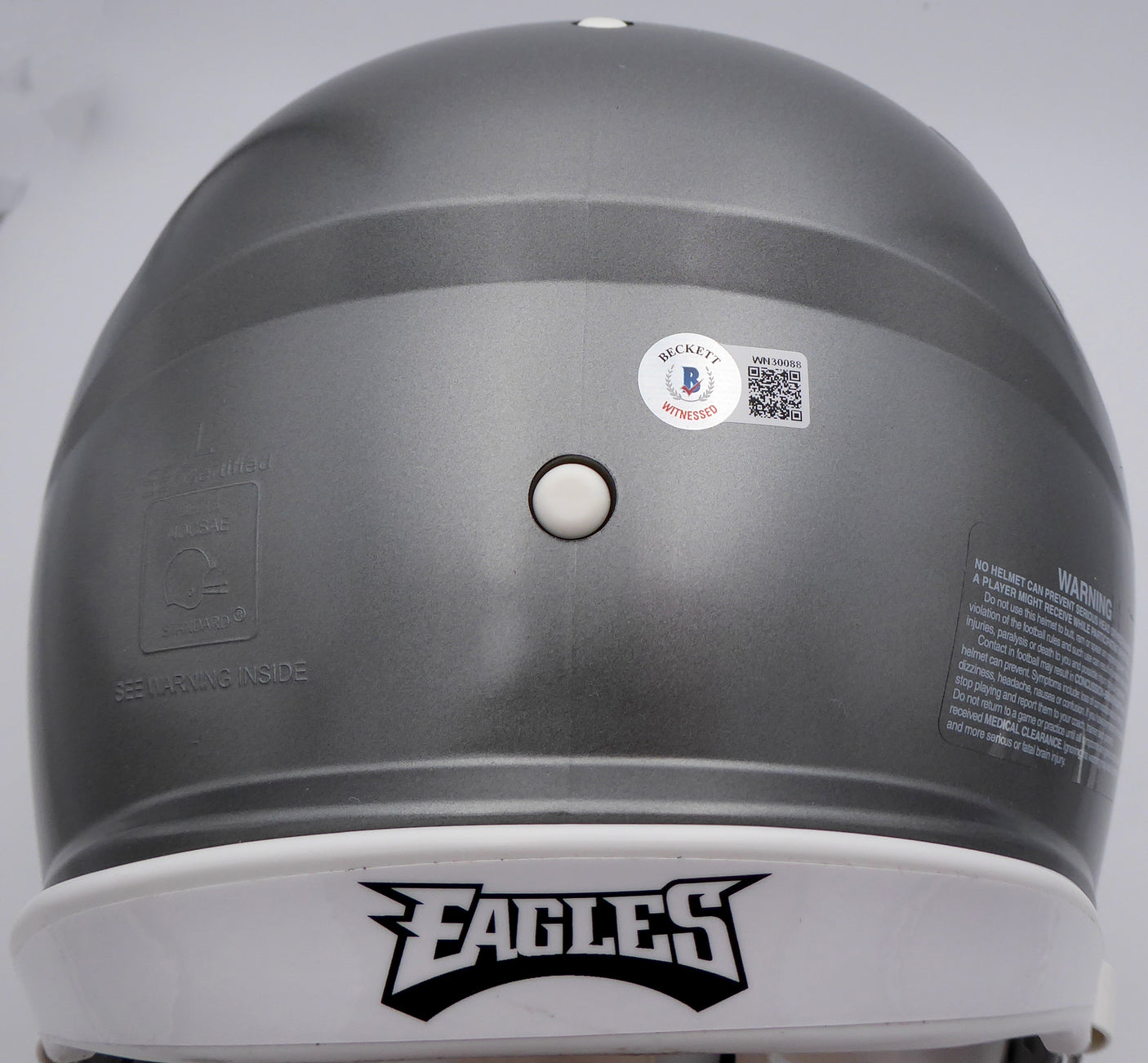 DeVonta Smith Autographed Philadelphia Eagles Flash Silver Full Size Authentic Speed Helmet "Fly, Eagles, Fly" (Smudged) Beckett BAS QR #WN30088
