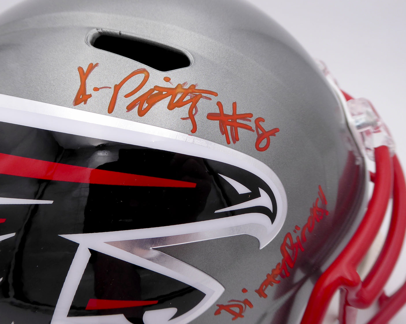 Kyle Pitts Autographed Atlanta Falcons Flash Silver Full Size Replica Speed Helmet "Dirty Bird!" (Smudge) Beckett BAS QR #WL25762