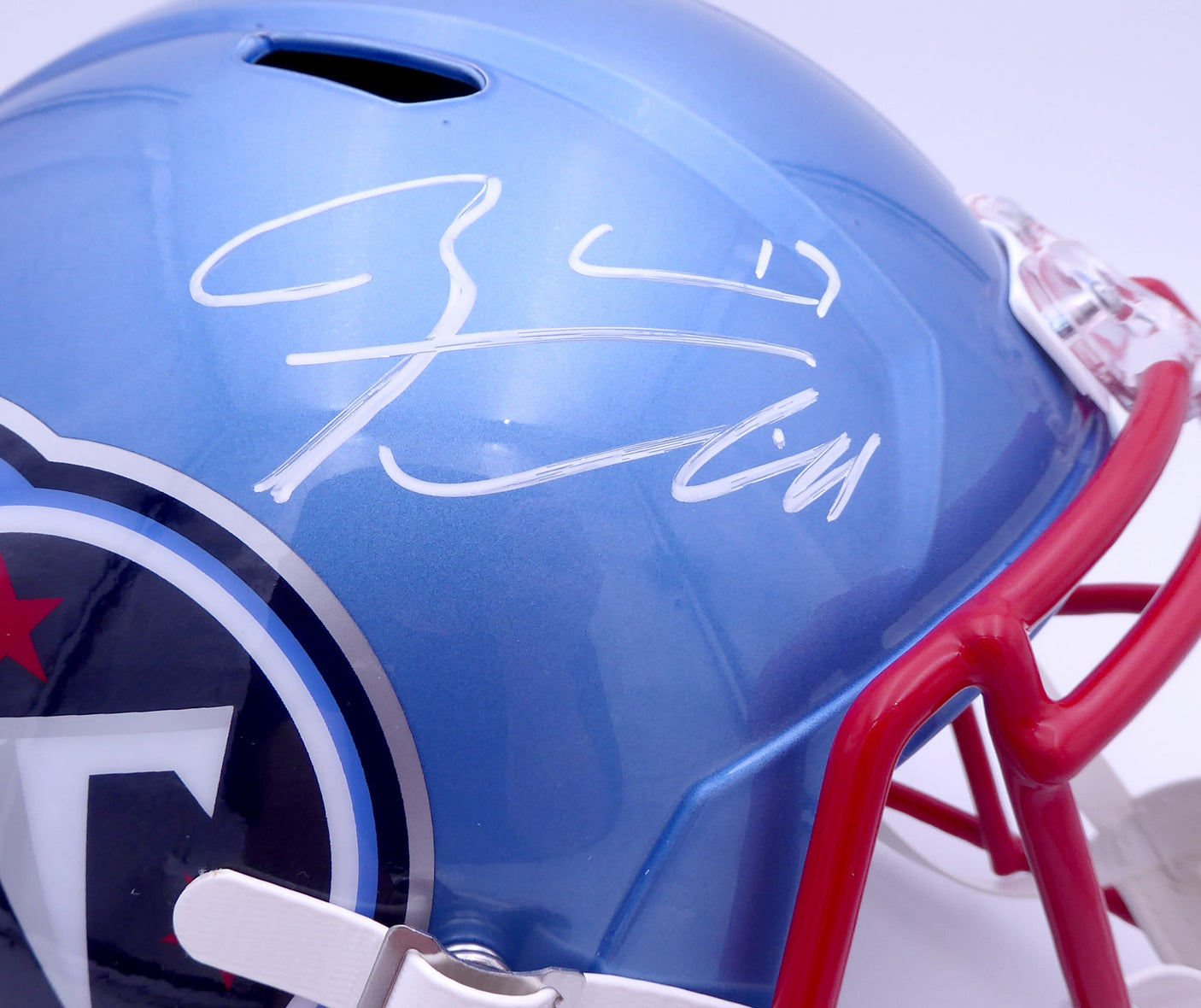 Ryan Tannehill Autographed Tennessee Titans Flash Blue Full Size Replica Speed Helmet (Smudge) Beckett BAS QR #WN46138