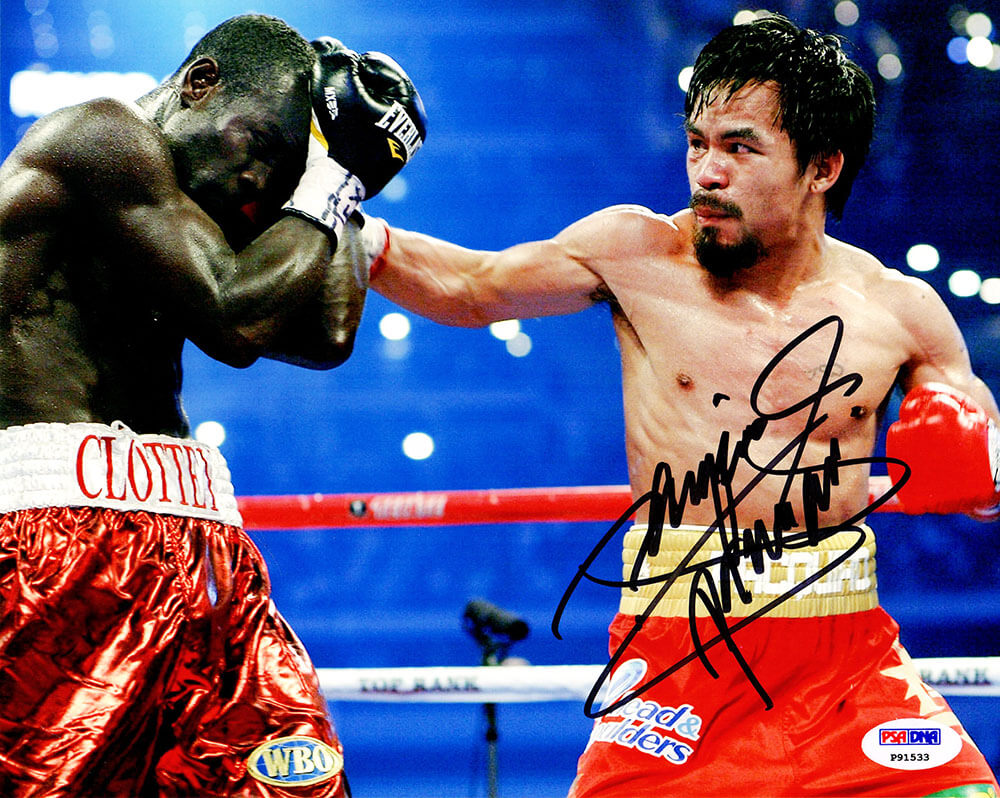 Manny 'Pacman' Pacquiao Signed Boxing In Red Trunks Puching Opponent 8x10 Photo (PSA/DNA)