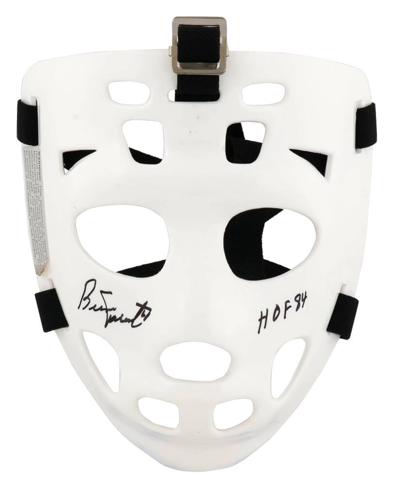 Bernie Parent Signed White With Black Straps Throwback Hockey Goalie Mask w/HOF'84