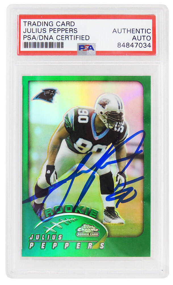 Julius Peppers Signed Carolina Panthers 2002 Topps Chrome Green Refractor Football Rookie Card #214 (PSA Encapsulated)