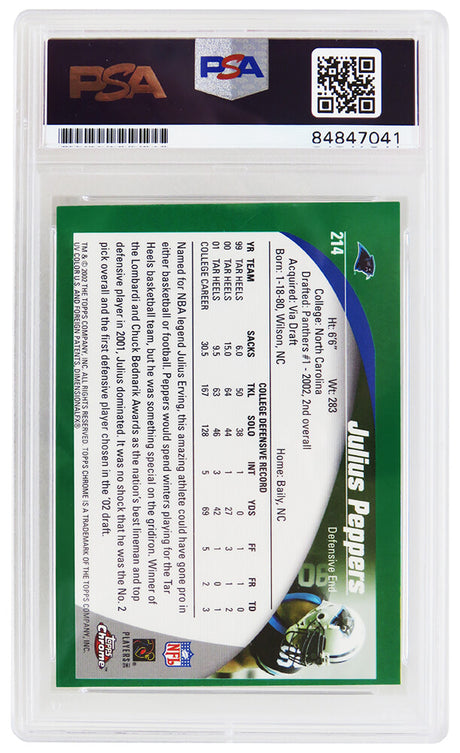 Julius Peppers Signed Carolina Panthers 2002 Topps Chrome Green Refractor Football Rookie Card #214 (PSA Encapsulated - Auto Grade 10)