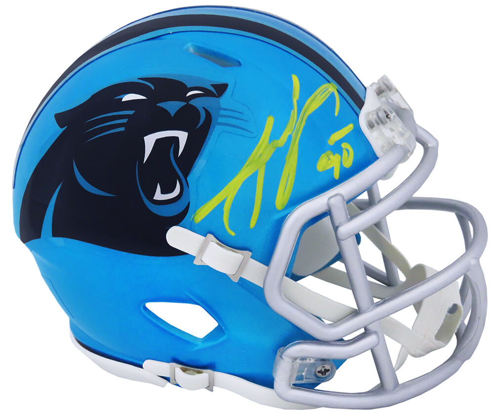 Julius Peppers Signed Carolina Panthers FLASH Riddell Speed Mini Helmet (Yellow Ink)