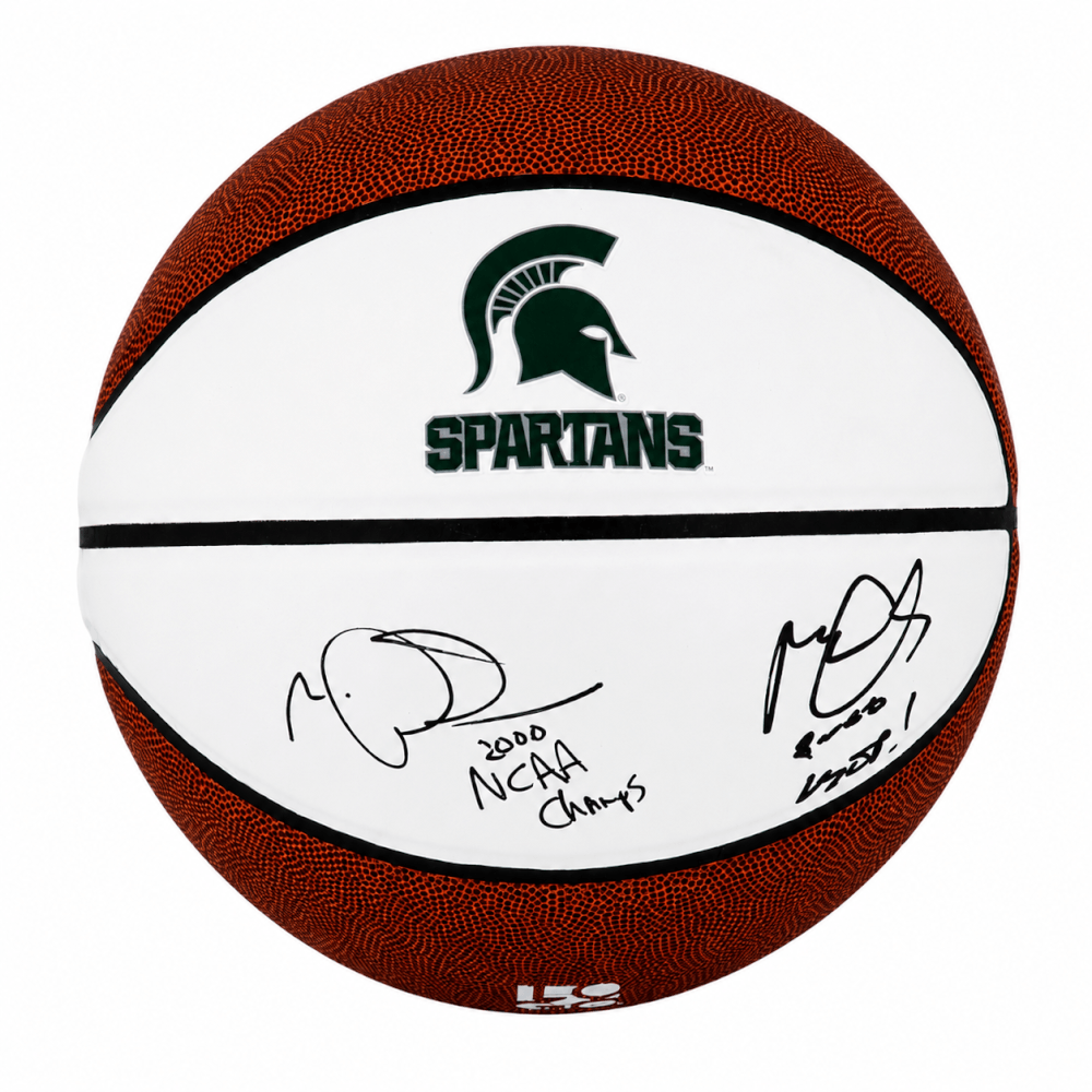 Mateen Cleaves & Morris Peterson Dual Signed Michigan State Logo Brands White Logo Basketball w/2000 Champs. Final 4 MOP