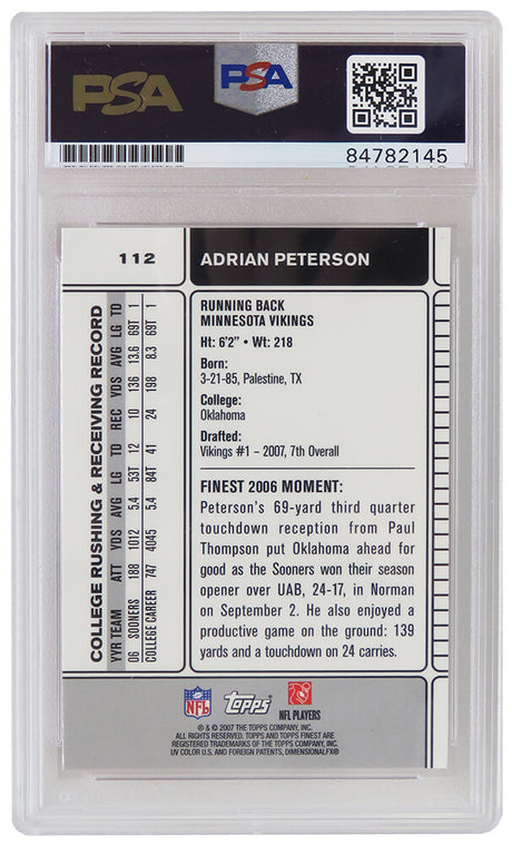 Adrian Peterson Signed Minnesota Vikings 2007 Topps Finest Football Rookie Trading Card #112 (PSA Encapsulated)