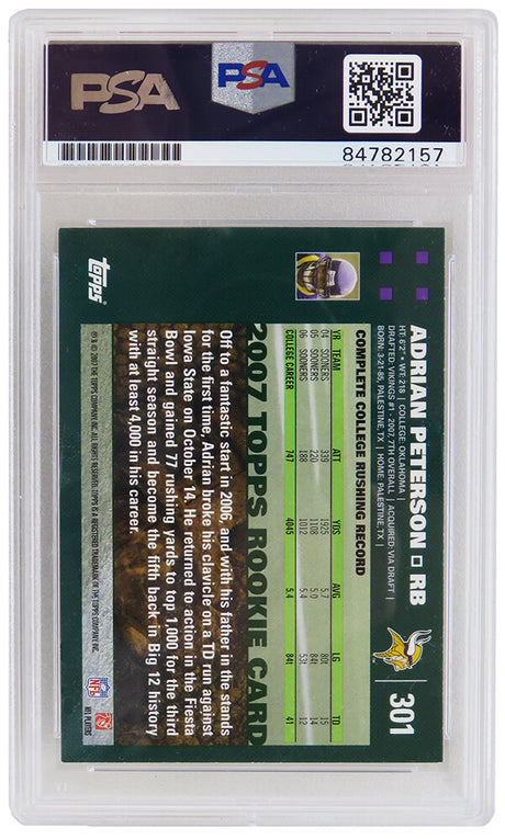 Adrian Peterson Signed Minnesota Vikings 2007 Topps Football Rookie Trading Card #301 (PSA Encapsulated)