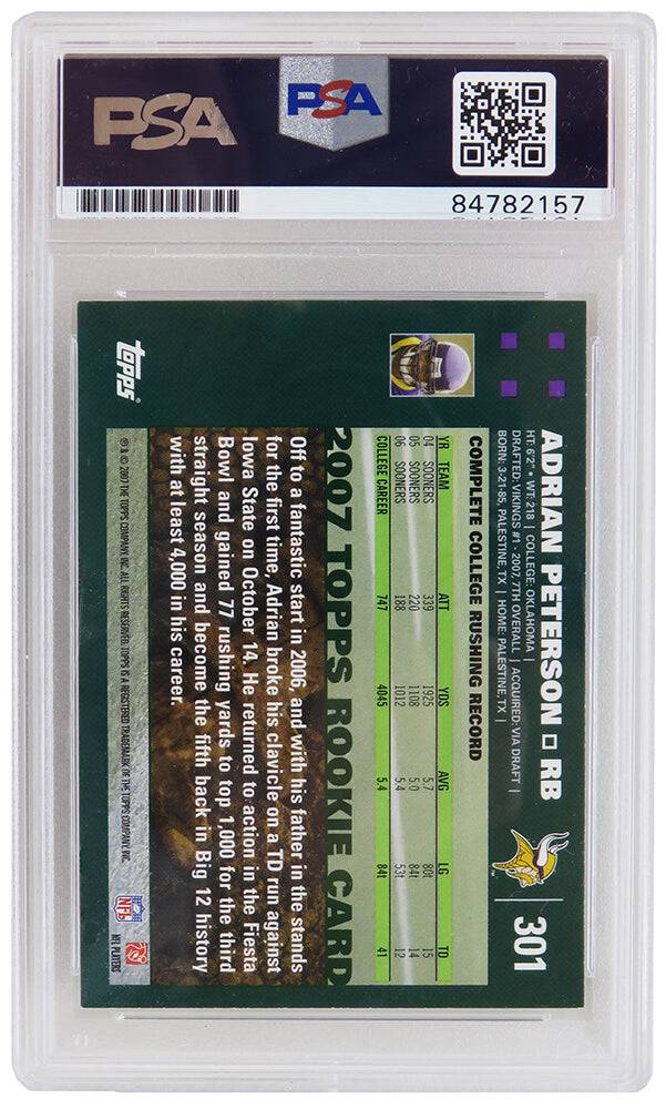 Adrian Peterson Signed Minnesota Vikings 2007 Topps Football Rookie Trading Card #301 (PSA Encapsulated)