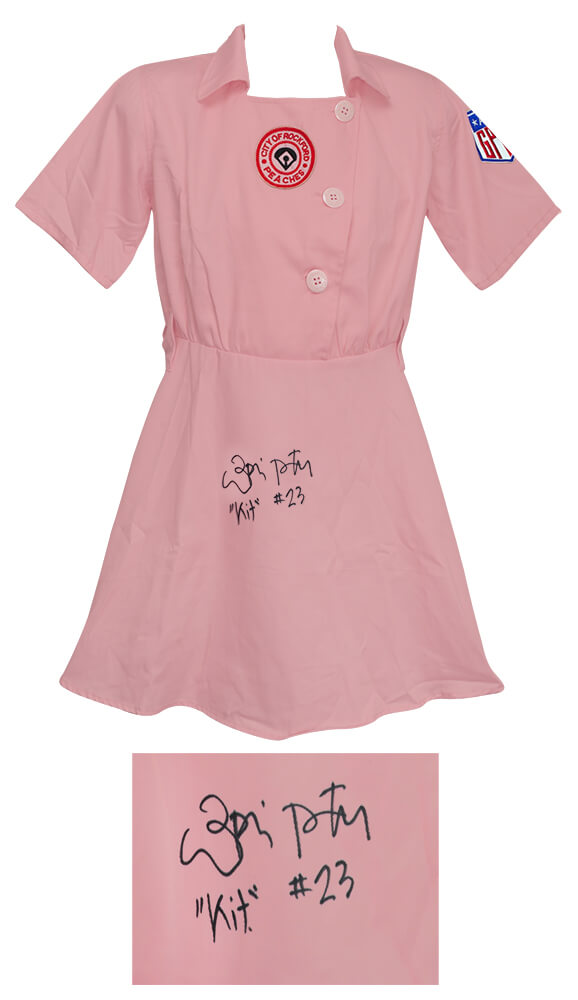 Lori Petty Signed Rockford Peaches Pink Costume Women's Baseball Jersey w/Kit