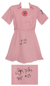 Lori Petty Signed Rockford Peaches Pink Costume Women's Baseball Jersey w/Kit