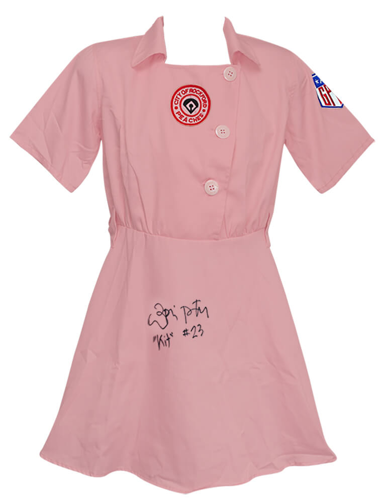 Lori Petty Signed Rockford Peaches Pink Costume Women's Baseball Jersey w/Kit