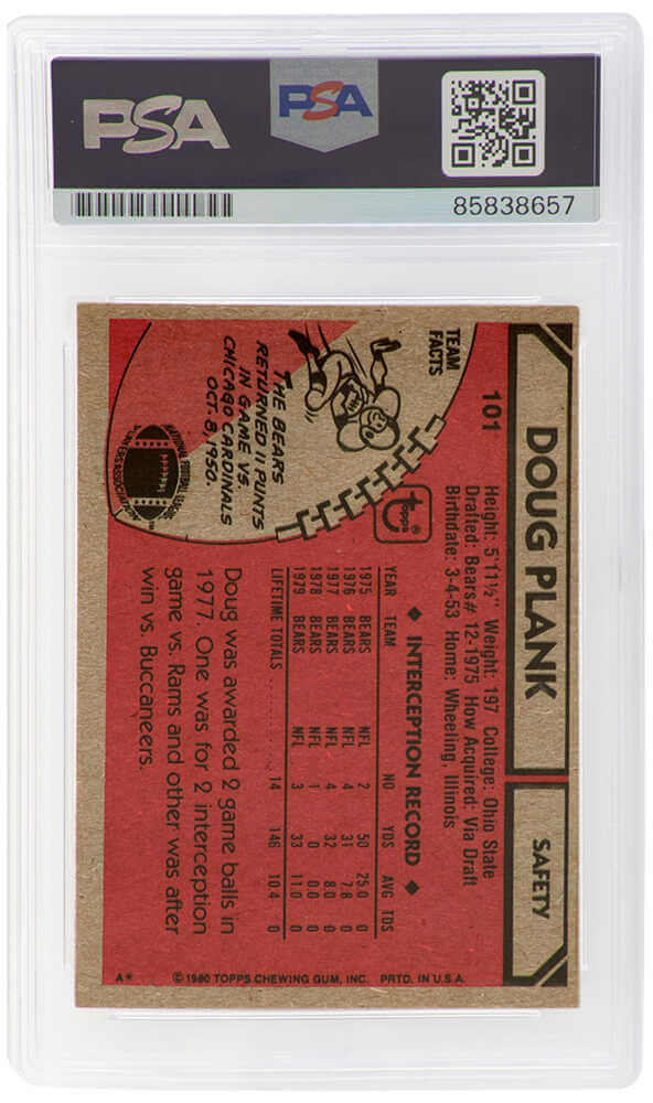 Doug Plank Signed Chicago Bears 1980 Topps Football Card #101 - (PSA Encapsulated)