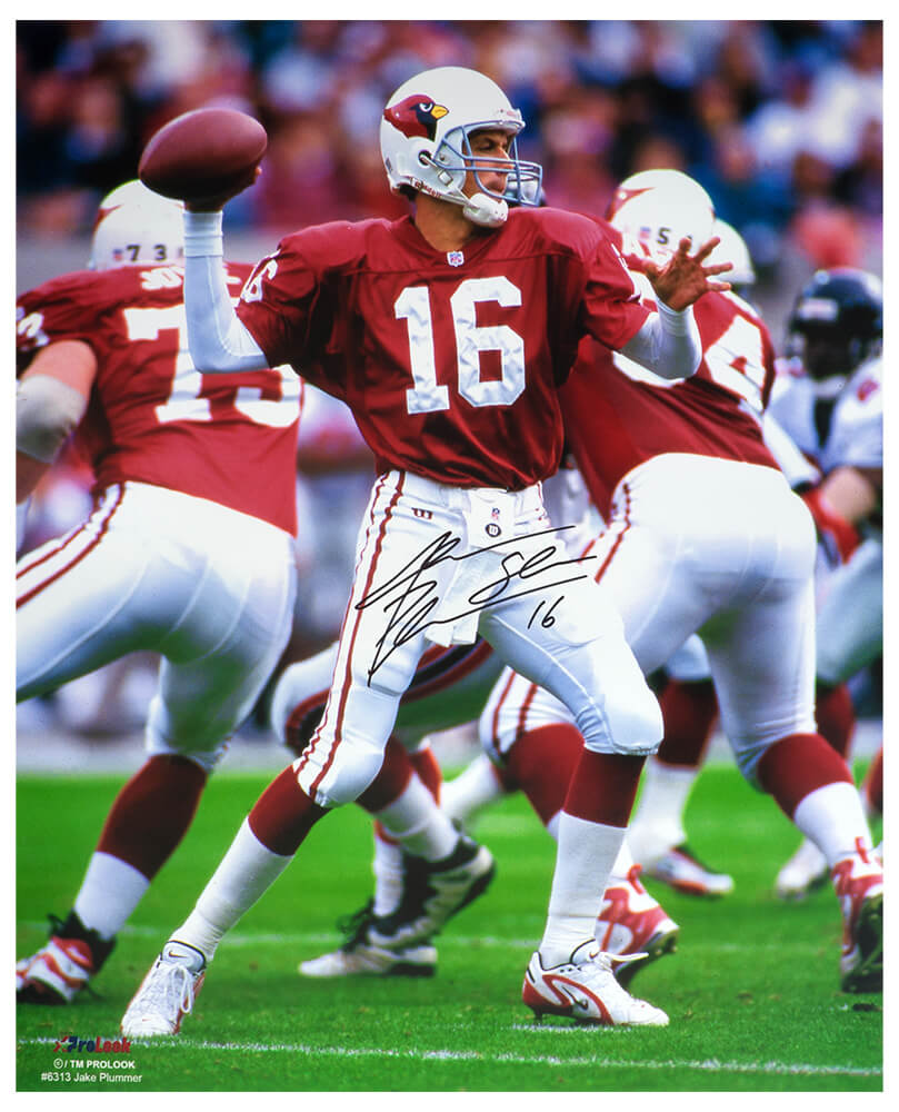 Jake Plummer Signed Arizona Cardinals Red Jersey Throwing Action 16x20 Photo w/Snake