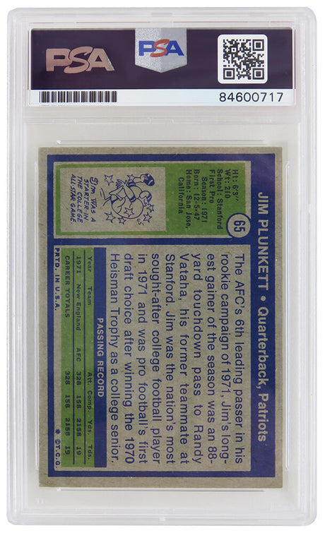 Jim Plunkett Signed New England Patriots 1972 Topps Rookie Football Card #65 - (PSA/DNA Encapsulated)