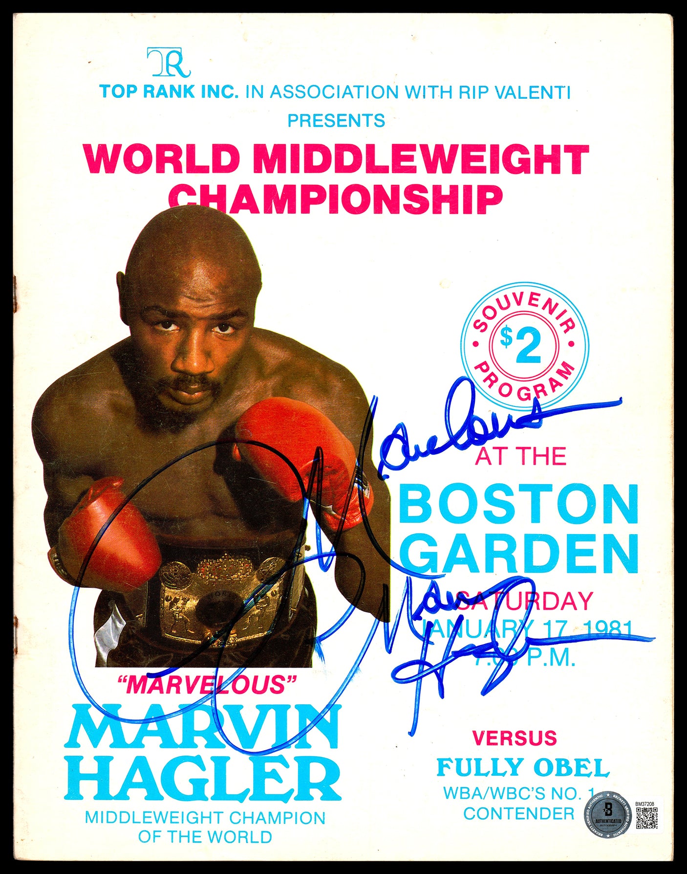 Marvelous Marvin Hagler Autographed Program 1981 Championship Beckett BAS QR #BM37208