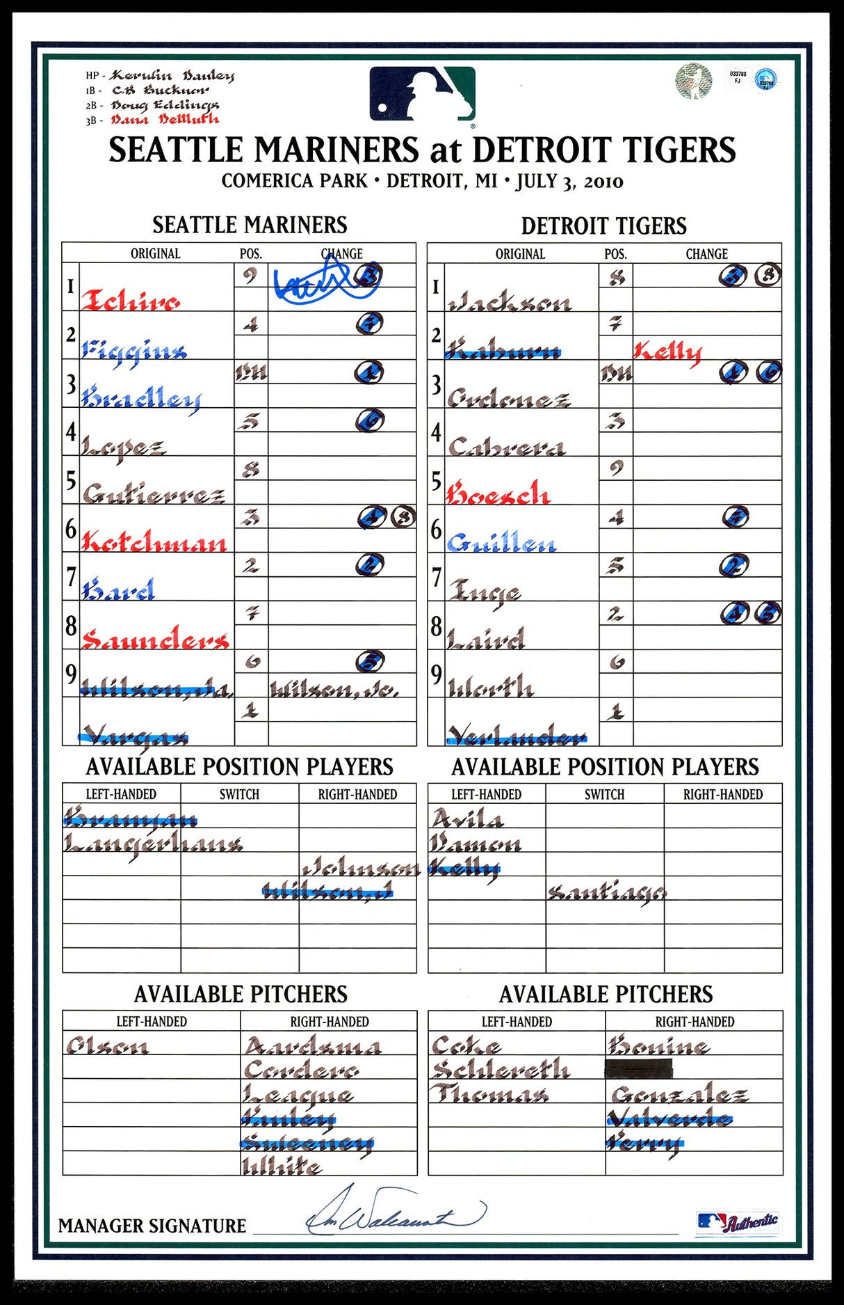 Ichiro Suzuki Autographed 2010 Game Used Line-Up Card Seattle Mariners IS Holo & MLB Holo #FJ033788