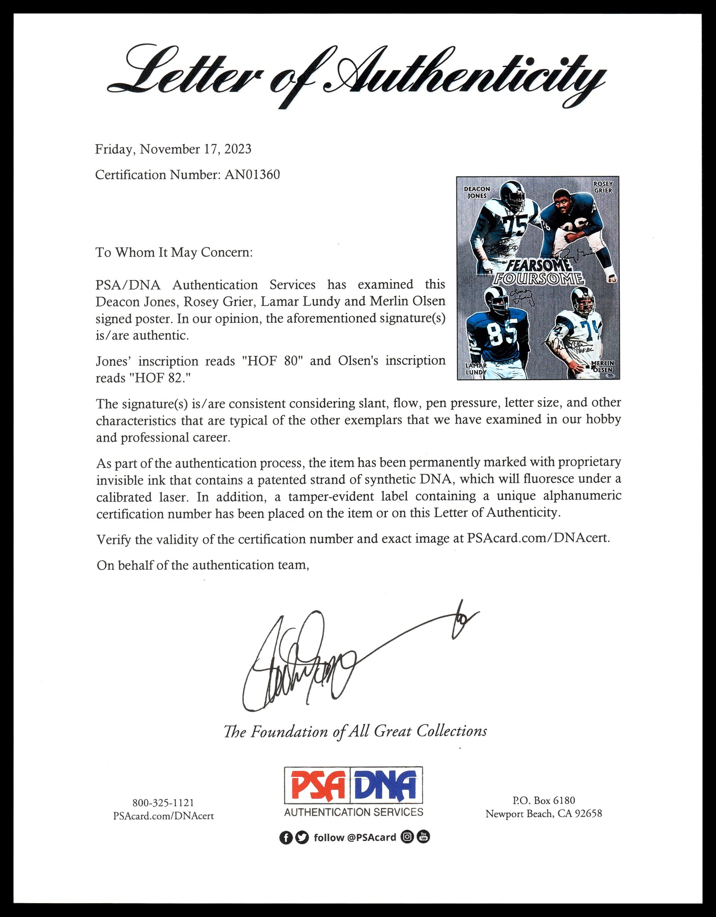 Los Angeles Rams Fearsome Foursome Autographed 16x20 Photo With Deacon Jones & 3 Others PSA/DNA #AN01360