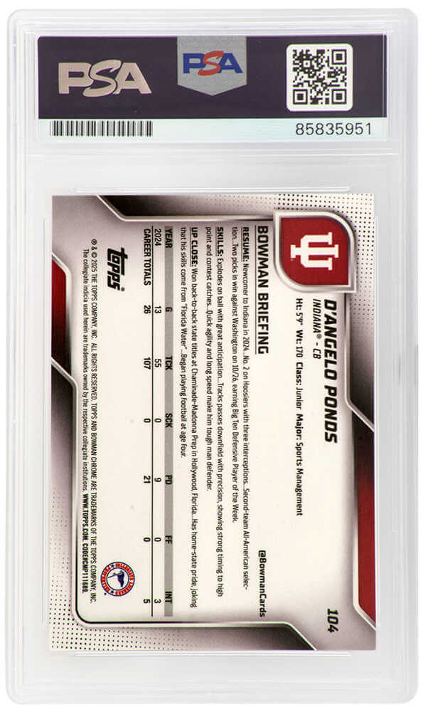 D'Angelo Ponds Signed Indiana Hoosiers 2025 Bowman University Chrome Refractor Football Card #104 - (PSA Encapsulated)