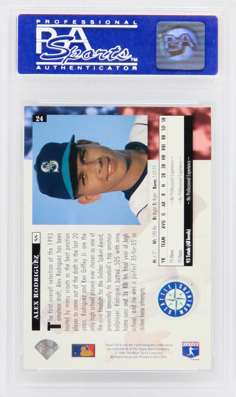 Alex Rodriguez (Seattle Mariners) 1994 Upper Deck Baseball #24 RC Rookie Card - PSA 9 MINT