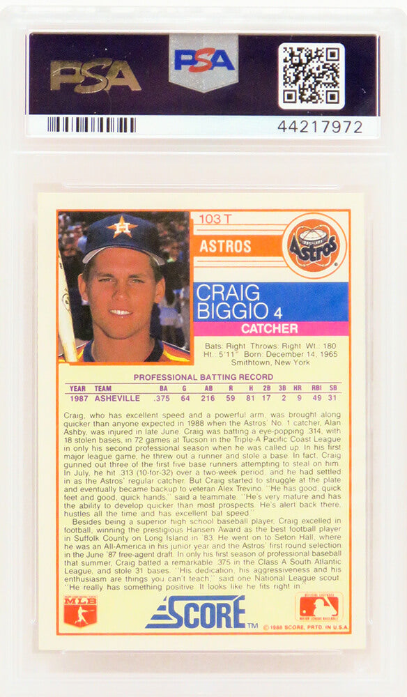 Craig Biggio (Houston Astros) 1988 Score Traded Baseball #103T RC Rookie Card - PSA 10 GEM MINT