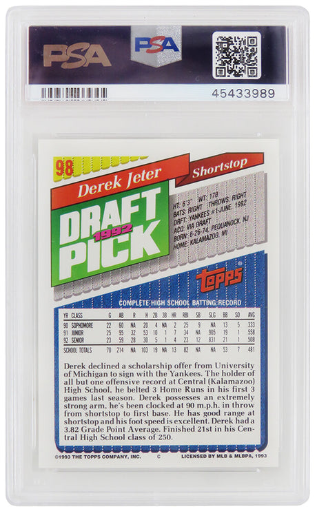 Derek Jeter (New York Yankees) 1993 Topps Baseball #98 RC Rookie Card - PSA 9 MINT (New Label)