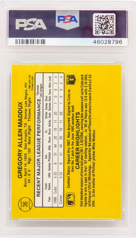 Greg Maddux (Chicago Cubs) 1987 Donruss Baseball #36 RC Rated Rookie Card - PSA 10 GEM MINT